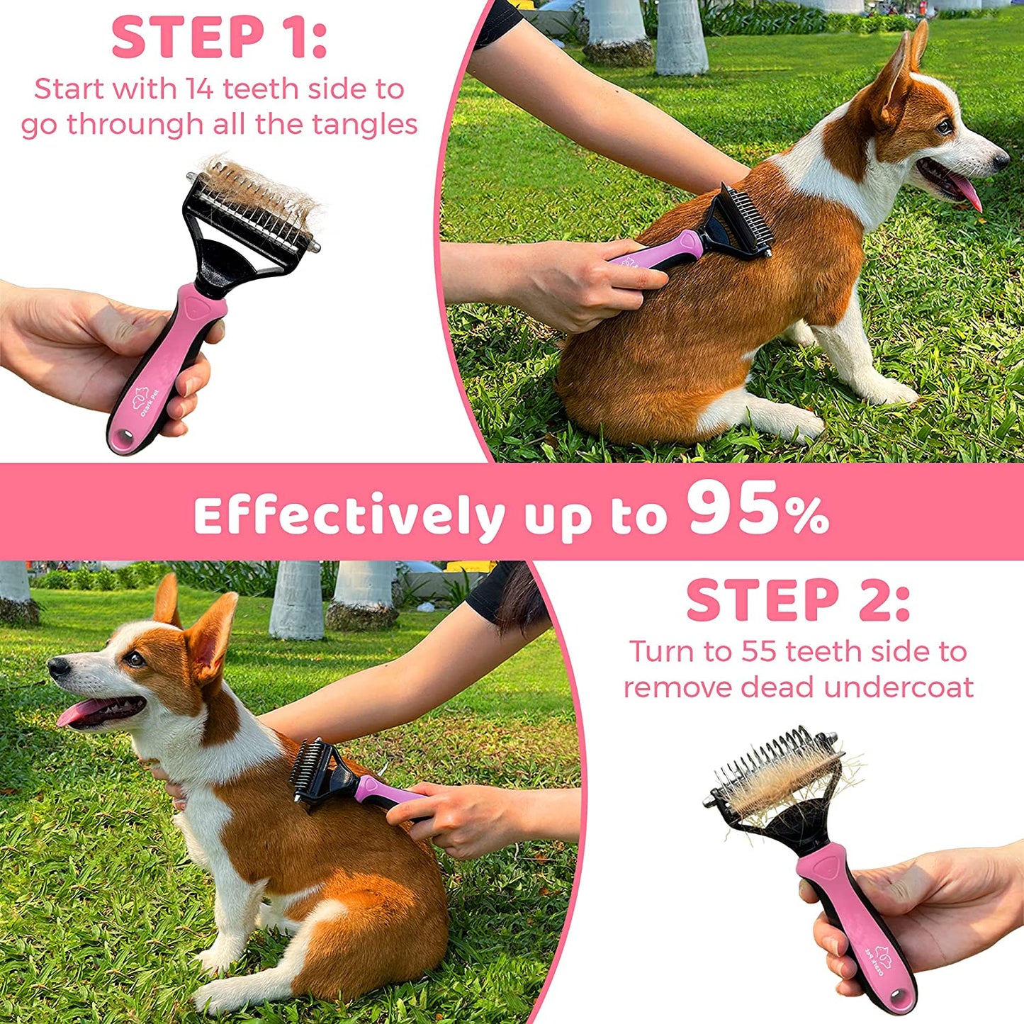 Dog Brush and Cat Brush-With Deshedding Brush, Dog Dematting Tools and 2 Side Shedding Brush Glove, Reduce Shedding up to 95%, for Short to Long Hair, Small to Medium Breeds by (Pink Small)