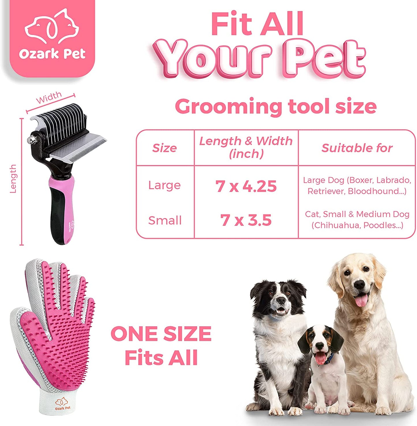 Dog Brush and Cat Brush-With Deshedding Brush, Dog Dematting Tools and 2 Side Shedding Brush Glove, Reduce Shedding up to 95%, for Short to Long Hair, Small to Medium Breeds by (Pink Small)